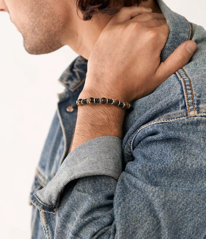 Fossil Hommes oeil de tigre bracelet perlé bijoux 0ZTD41891