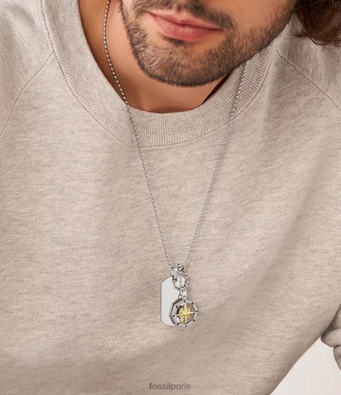 Fossil Hommes argenté collier d'étiquette de chien en acier inoxydable de boussole de Sutton bijoux 0ZTD41902