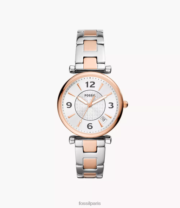 Fossil femmes deux tons montre carlie à trois aiguilles et date en acier inoxydable montre 0ZTD464