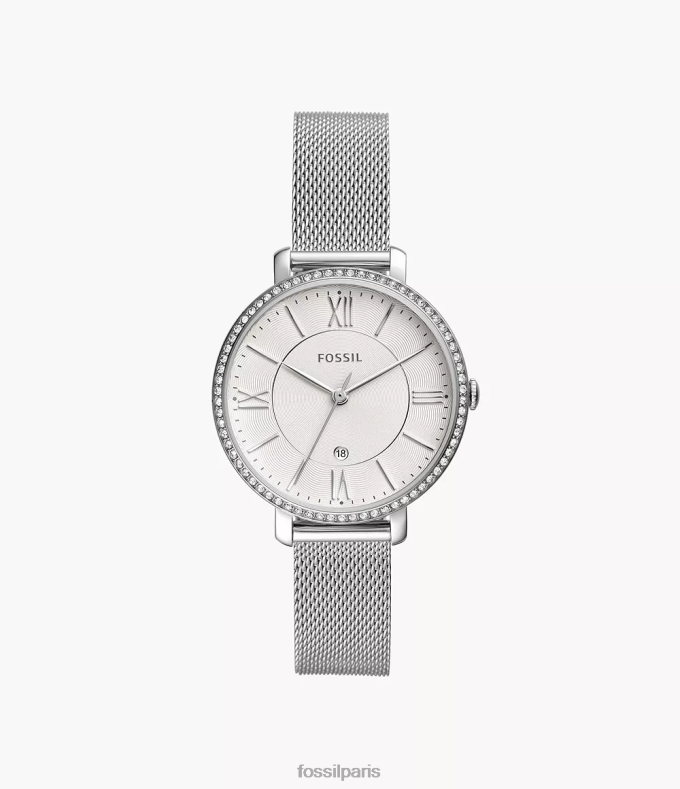 Fossil femmes ton argenté montre jacqueline à trois aiguilles et date en acier inoxydable montre 0ZTD425