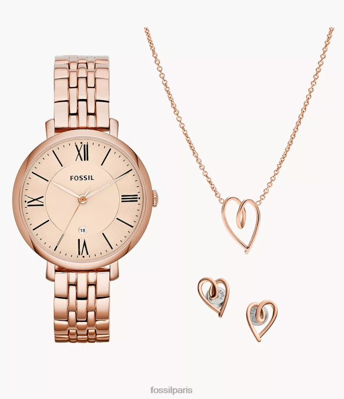 Fossil femmes ton doré rose ensemble montre et bijoux en acier inoxydable avec date à trois aiguilles Jacqueline montre 0ZTD465