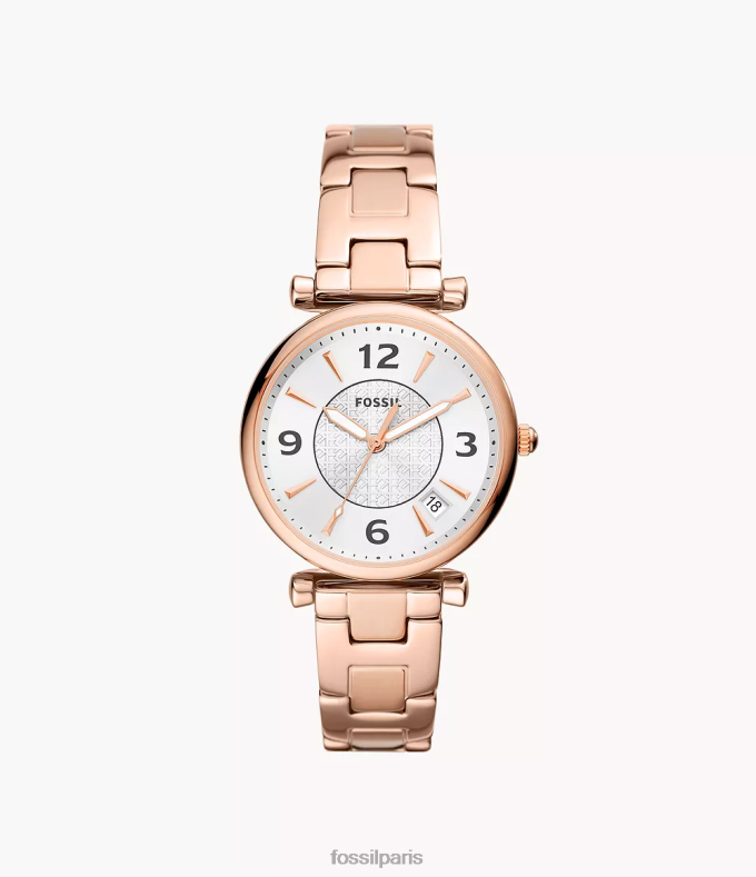 Fossil femmes ton doré rose montre carlie à trois aiguilles et date en acier inoxydable montre 0ZTD477