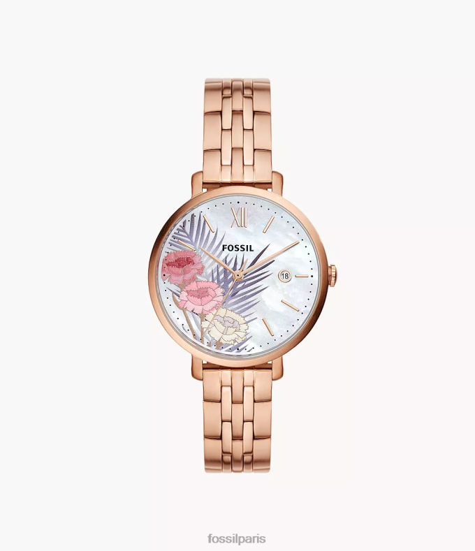 Fossil femmes ton doré rose montre jacqueline à trois aiguilles et date en acier inoxydable montre 0ZTD443