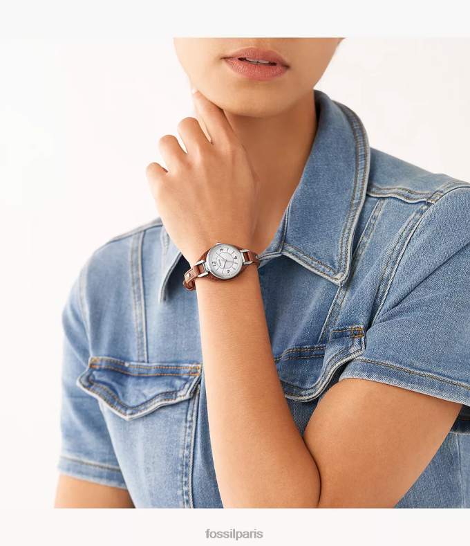 Fossil femmes brun montre carlie en cuir véritable à trois aiguilles montre 0ZTD4222