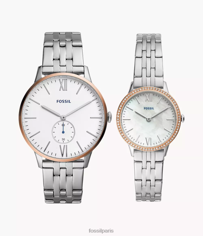 Fossil Hommes argent coffret montre en acier inoxydable à trois aiguilles pour elle et lui montre 0ZTD41568