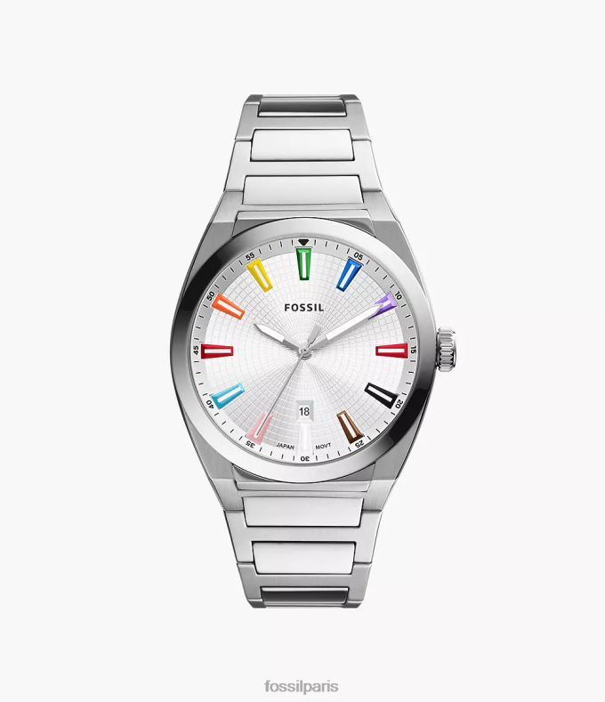 Fossil Hommes argenté montre Pride en acier inoxydable à trois aiguilles et date montre 0ZTD41344