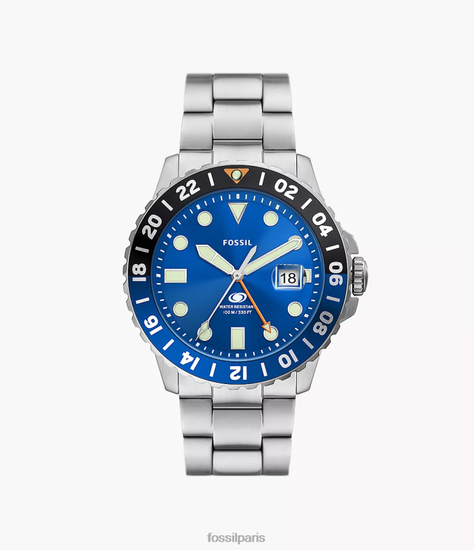 Fossil Hommes bleu montre gmt en acier inoxydable montre 0ZTD41348