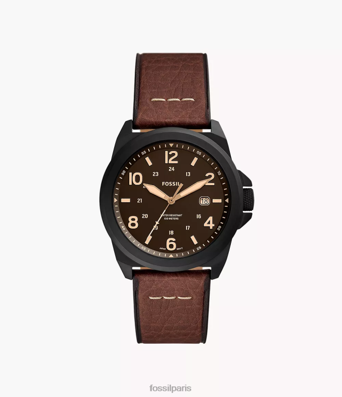 Fossil Hommes marron foncé montre bronson en cuir véritable à trois aiguilles et date montre 0ZTD41413