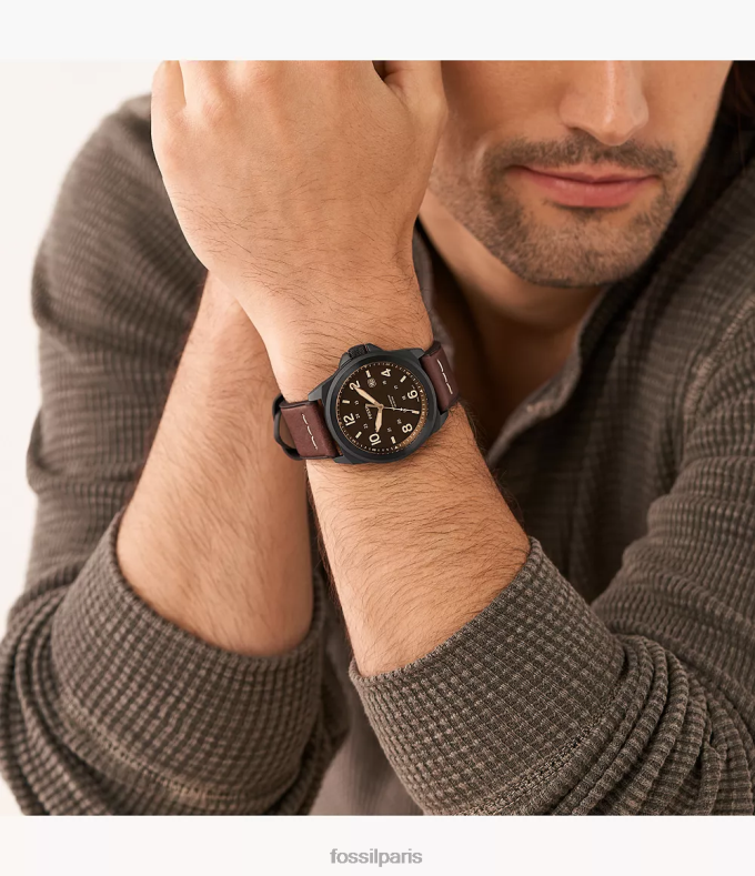 Fossil Hommes marron foncé montre bronson en cuir véritable à trois aiguilles et date montre 0ZTD41413