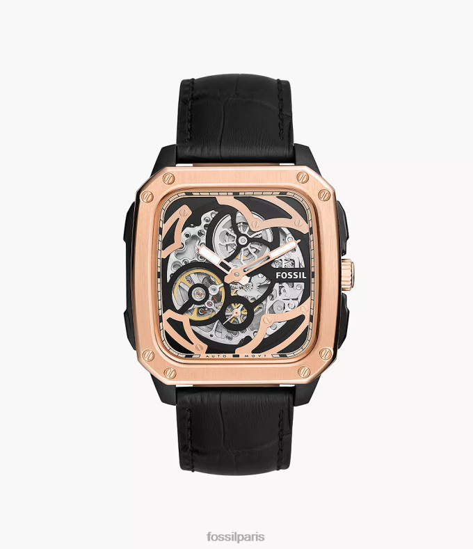 Fossil Hommes noir montre en cuir automatique à inscription montre 0ZTD41445